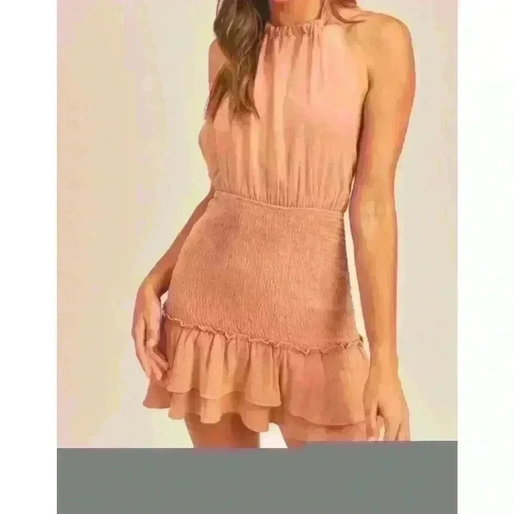 HALTER MINI DRESS WITH SMOCKED SKIRT